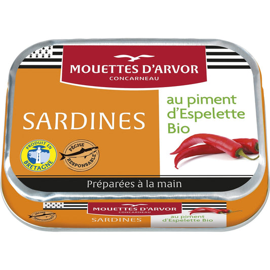 Sardines Sauvages Entières au Piment d'Espelette et à l'Huile d'Olive Vierge Extra Bio LES MOUETTES D'ARVOR la boîte de 115g