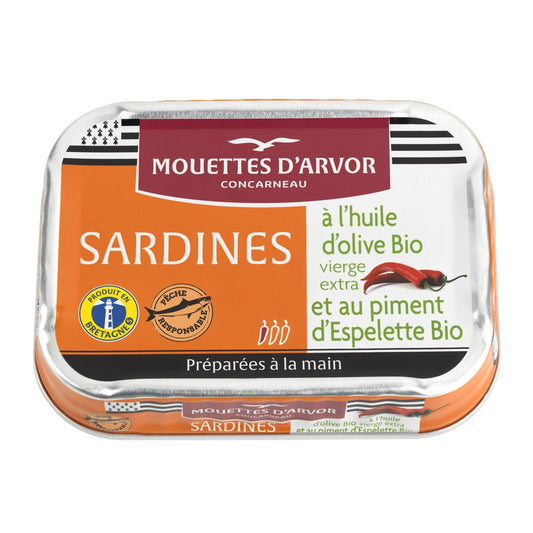 Sardines Sauvages Entières au Piment d'Espelette et à l'Huile d'Olive Vierge Extra Bio LES MOUETTES D'ARVOR