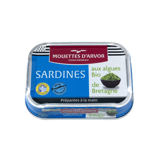 Sardines Entières aux Algues de Bretagne Bio LES MOUETTES D'ARVOR la boîte de 115g
