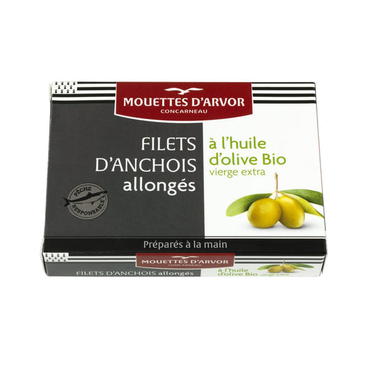 Filets d'Anchois Allongés à l'Huile d'Olive Extra Bio LES MOUETTES D'ARVOR la boîte de 36g