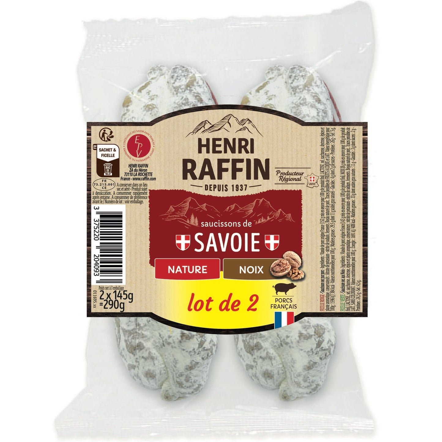Saucisson Sec Nature et Noix HENRI RAFFIN 