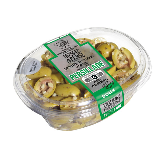Moitiés d'Olives Vertes de Grèce Persillade TROPIC APERO la barquette de 220g