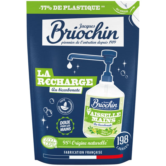 Liquide Vaisselle Recharge Bicarbonate Ultra Désincrustant Doux pour les Mains BRIOCHIN l'éco-recharge de 500mL