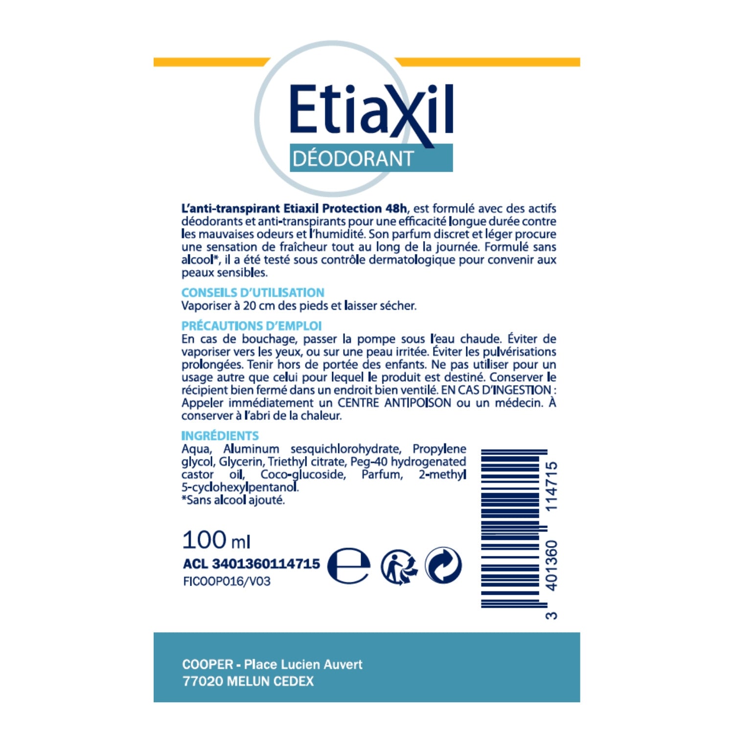 Déodorant Pieds Spray Anti-transpirant Protection 48h Peau Sensible ETIAXIL 