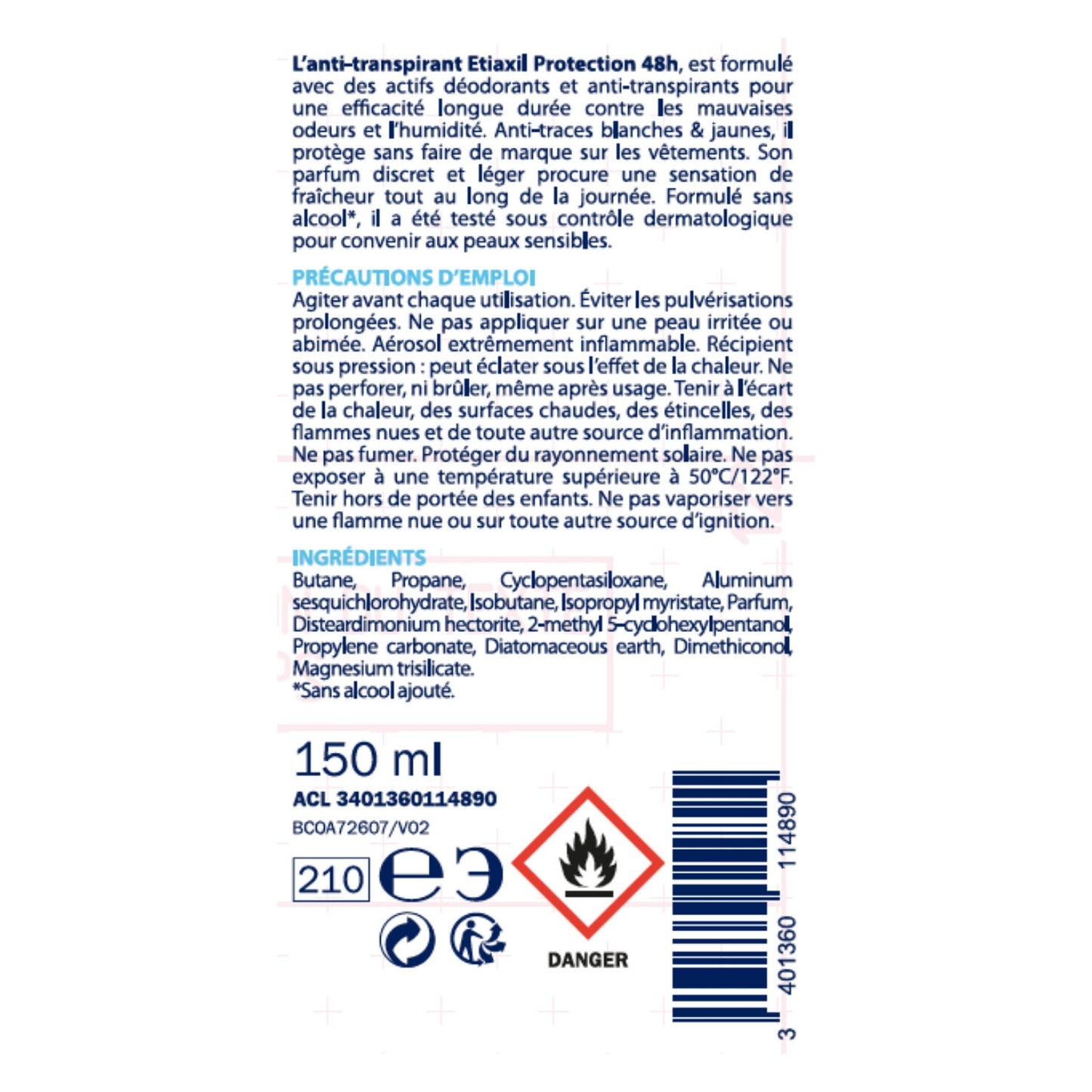 Antitranspirant Deodorant Spray 48h Wirksamkeit Empfindliche Haut ETIAXIL