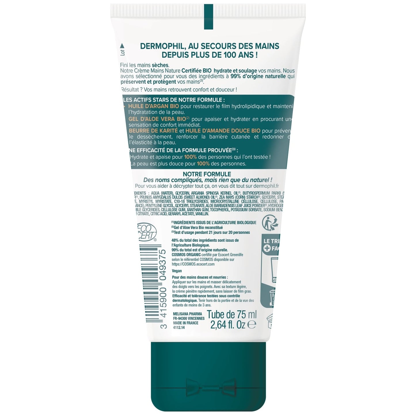 Crème main Très Sèches Nature Certifiée Bio 99% d'Ingrédients d'Origine Naturelle Huile d'Argan DERMOPHIL 