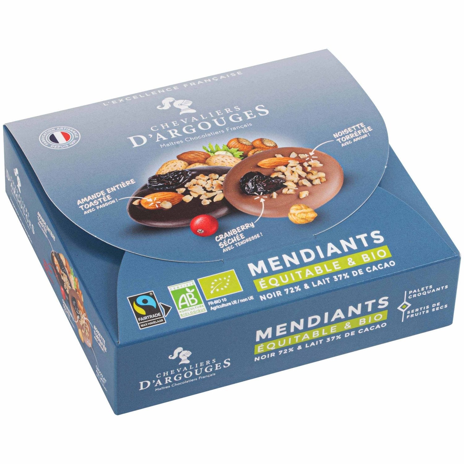 Bouchées de Chocolat Mendiants Chocolat Noir Bio CHEVALIERS D'ARGOUGES - Gamme de Noël 2025 la boite de 135g