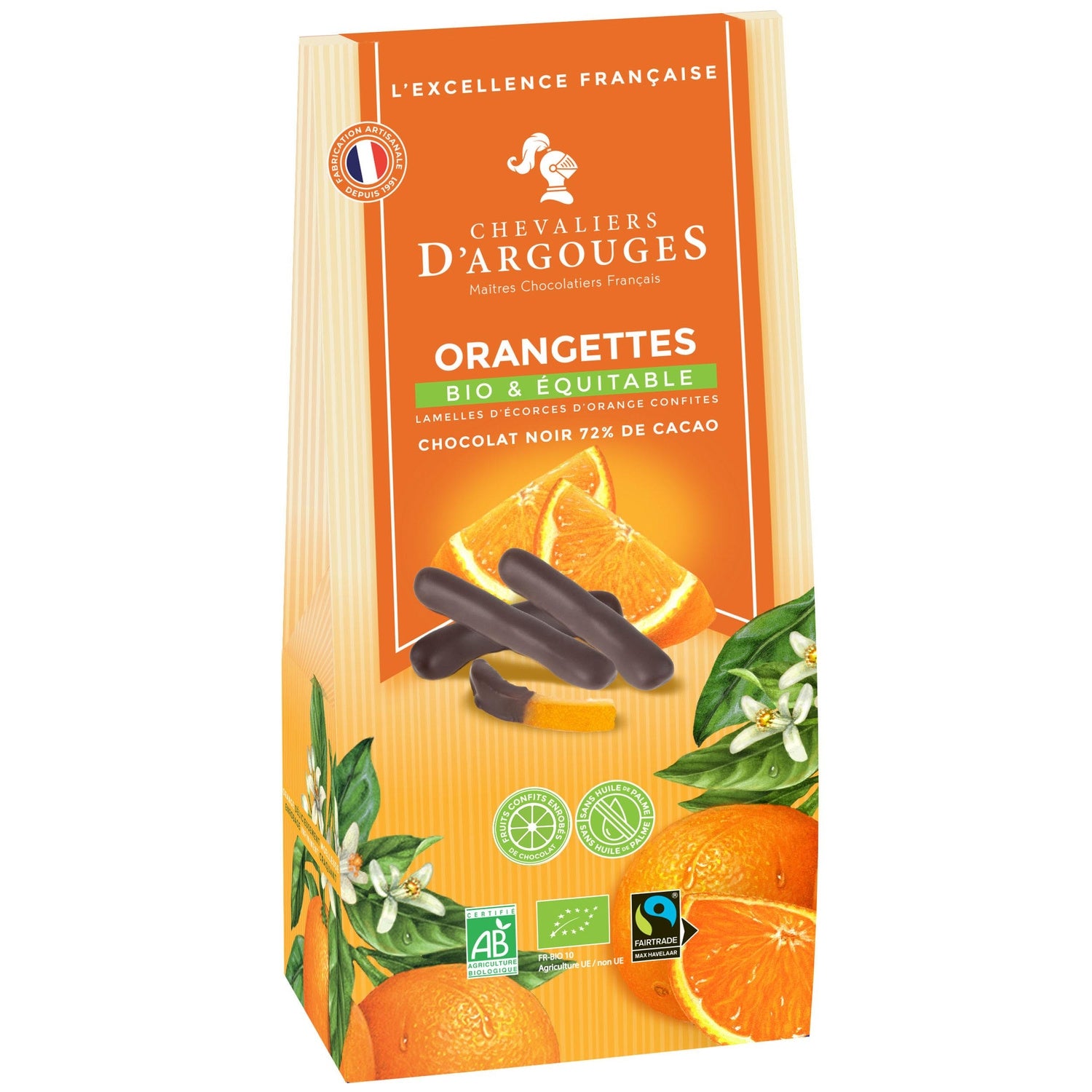 Bouchées de Chocolat Orangettes Chocolat Noir 72% Bio Fartrade CHEVALIERS D'ARGOUGES 