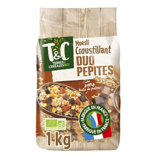 Céréales Muesli Croustillant Duo Pépites Chocolat Noir et Chocolat au Lait Bio Terres & CEREALES BIO le paquet d'1Kg
