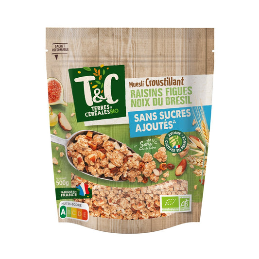 Céréales Muesli Croustillant Raisin, Figue & Noix du Brésil Sans Sucres Ajoutés et Sans Huile de Palme Bio Terres & CEREALES BIO
