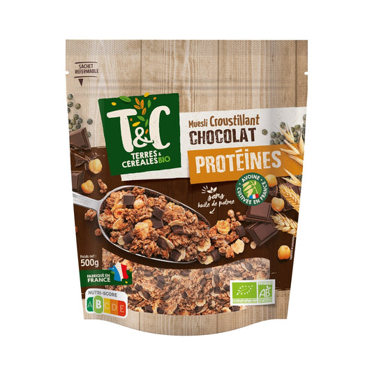 Céréales Muesli Croustillant Protéiné Chocolat Sans Huile de Palme Bio Terres & CEREALES BIO le paquet de 500g