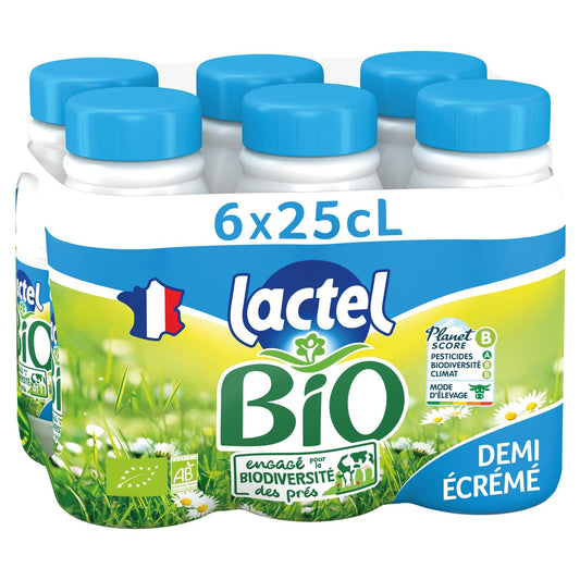 Lait Bio Demi-Ecrémé UHT LACTEL le pack de 6 bouteilles de 25cL