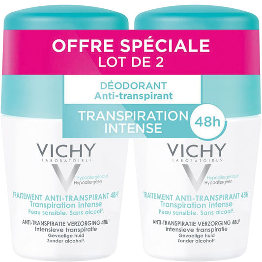 Déodorant Roll-On Anti-Transpirant Peau Sensible Sans Alcool Hypoallergénique VICHY LABORATOIRES les 2 roll-on de 50 ml