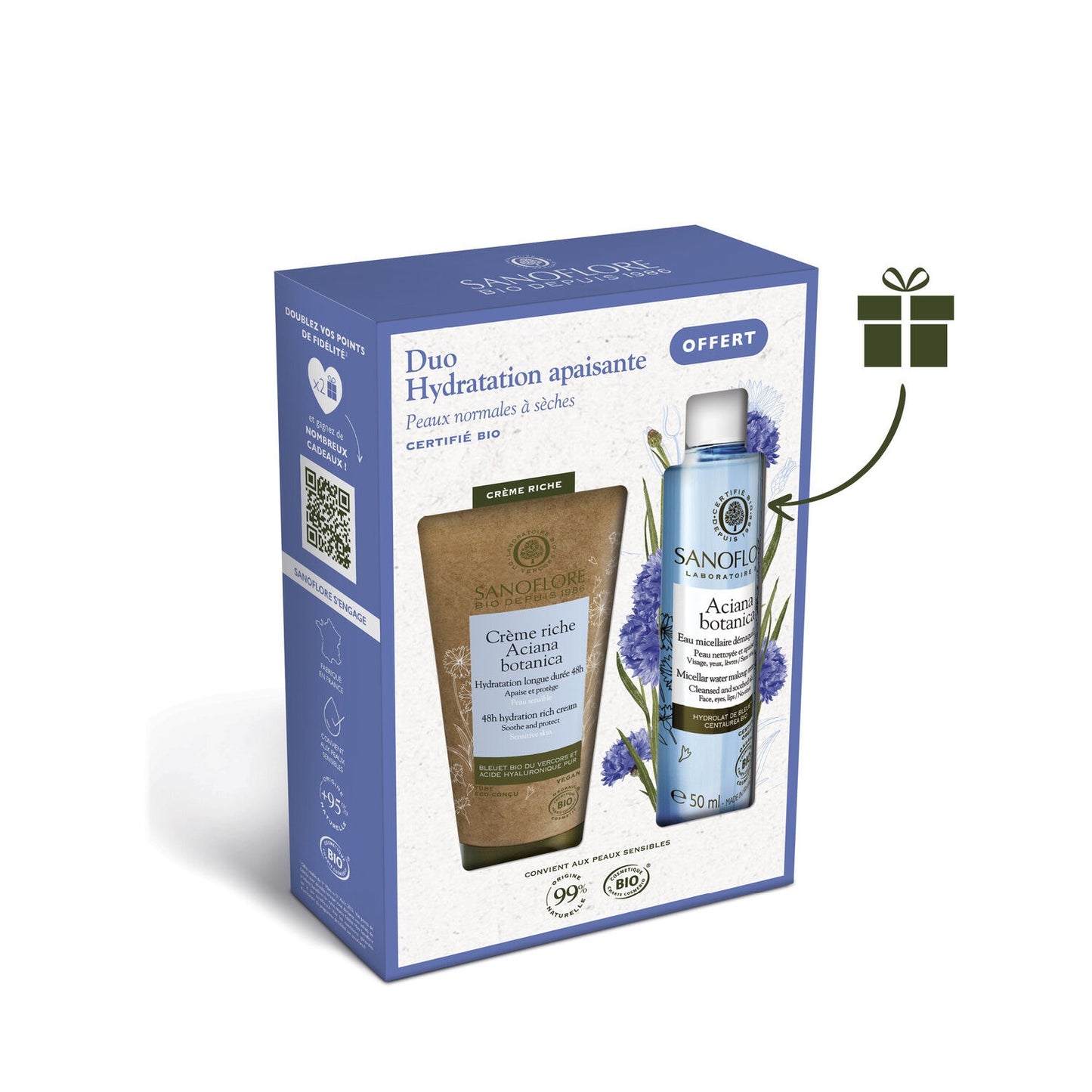 Soin Visage Crème Riche + Eau Micellaire Aciana Botanica Duo Hydratation Apaisante Bio SANOFLORE