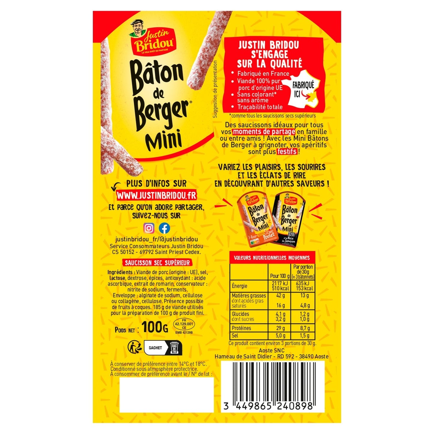 Mini Saucisson Bâton de Berger Nature JUSTIN BRIDOU