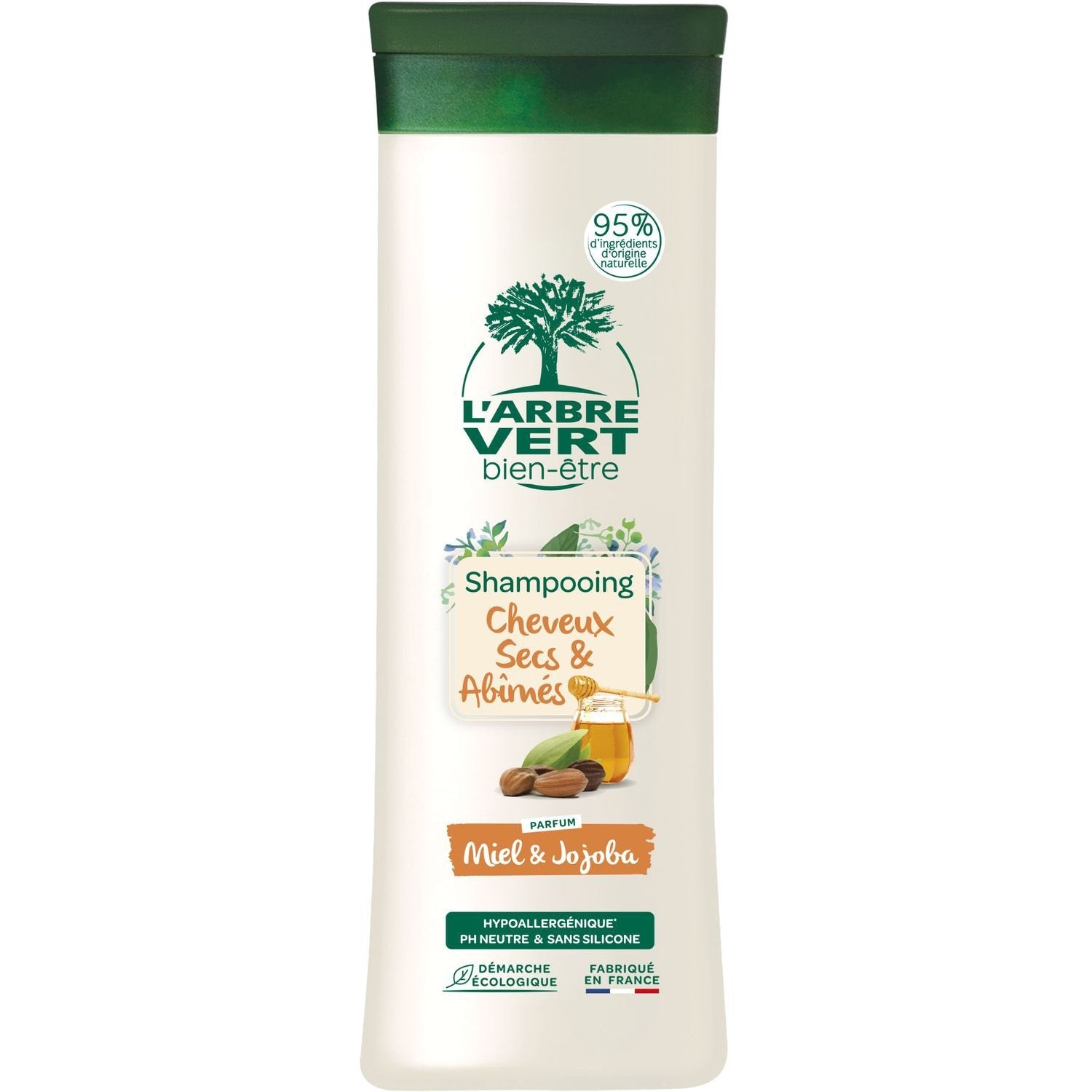 Shampoing Cheveux Secs et Abîmés Miel et Jojoba Hypoallergénique Ph Neutre L'ARBRE VERT le flacon de 250mL