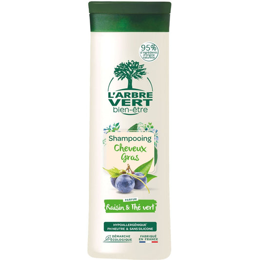 Shampoing Purifiant Cheveux Gras Extraits de Raisin et Thé Vert L'ARBRE VERT BIEN-ETRE le flacon de 250mL