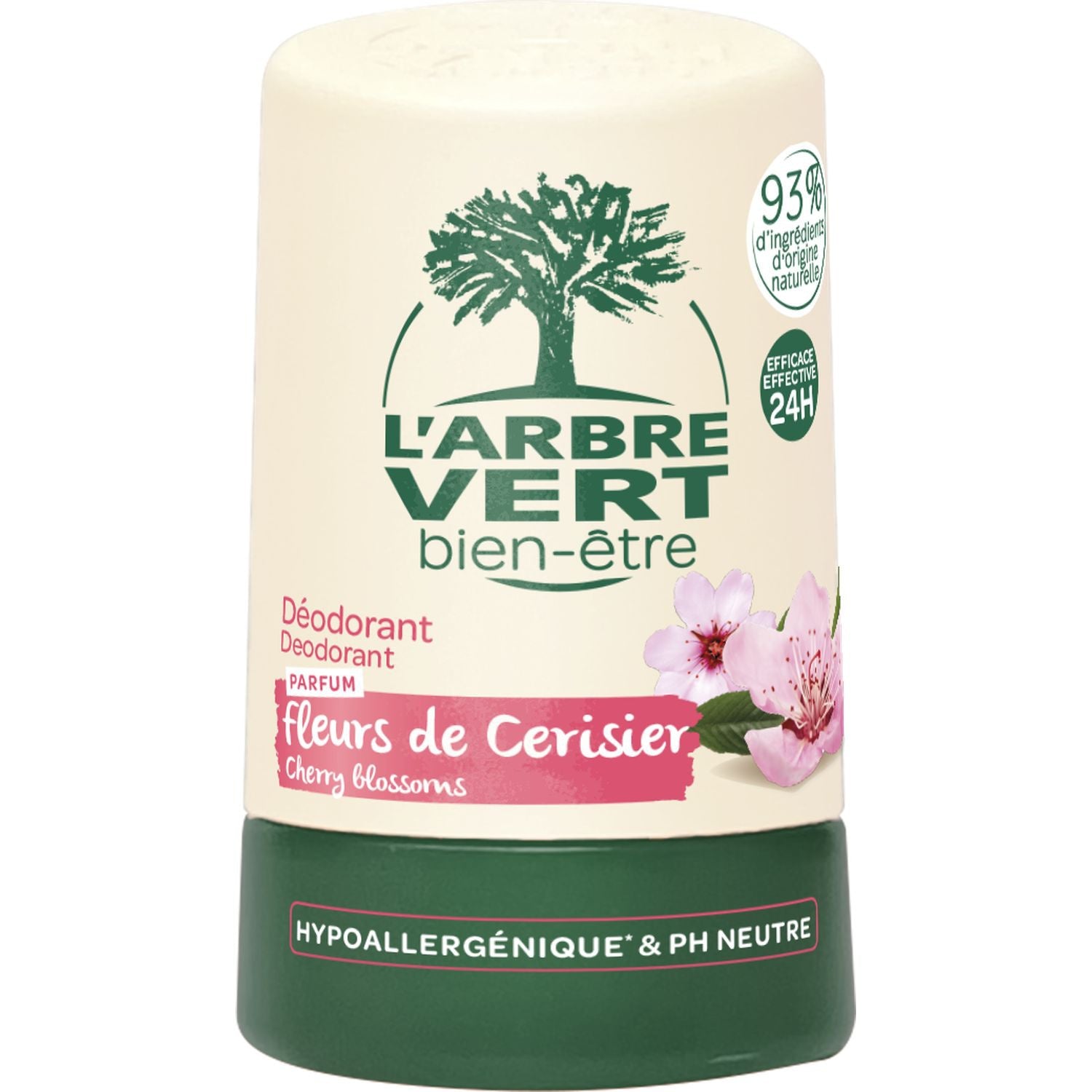 Déodorant bille Hypoallergénique 24h Fleurs de Cerisier et Hamamélis L'ARBRE VERT 