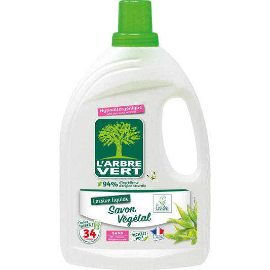 Lessive Liquide Savon Végétal Hypollergénique Ecolabel L'ARBRE VERT le bidon de 1.53L