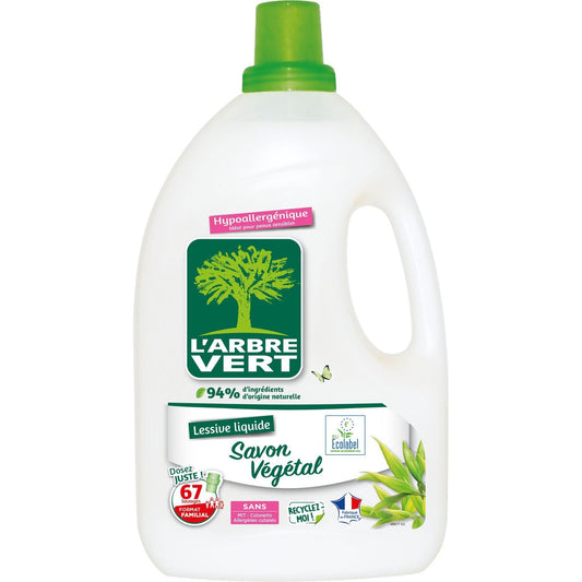 Lessive Liquide Savon Végétal Hypollergénique Ecolabel L'ARBRE VERT le bidon de 3.015L