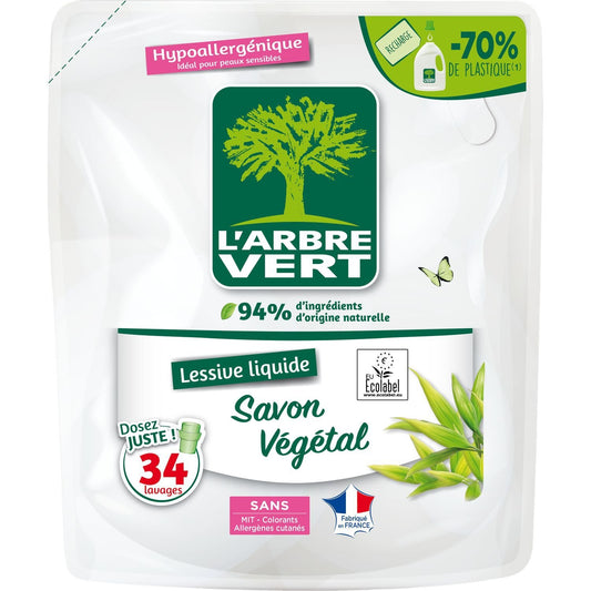Lessive Liquide Savon Végétal Hypollergénique Ecolabel L'ARBRE VERT la recharge de 1.53L