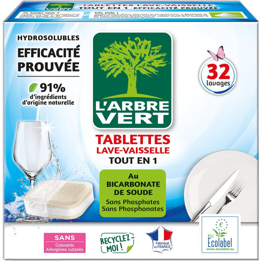 Tablettes Lave-Vaisselle Tout en 1 Bicarbonate de Soude L'ARBRE VERT le pack de 32 capsules