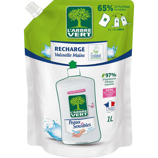 Liquide Vaisselle Recharge Hypoallergénique Peaux Sensibles Ecolabel L'ARBRE VERT a recharge de 1L