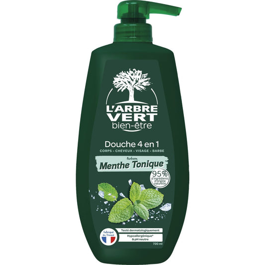 Gel Douche 4-En-1 Menthe Tonique L'ARBRE VERT BIEN ETRE le flacon de 750mL