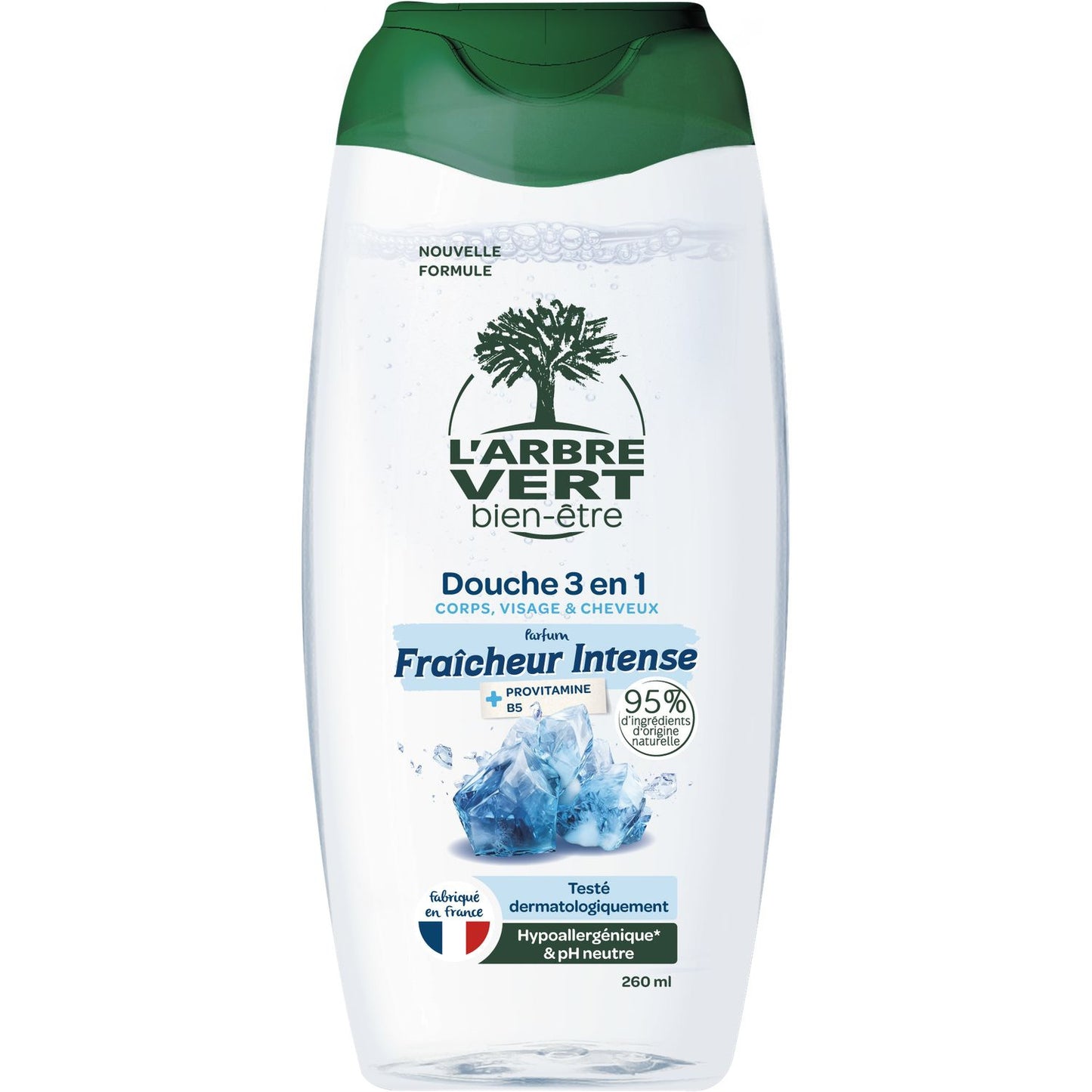 Gel Douche 3 en 1 Corps Visage & Cheveux Fraîcheur Intense Hypoallergénique et pH Neutre L'ARBRE VERT BIEN-ETRE 