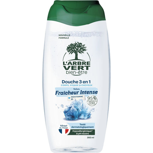 Gel Douche 3 en 1 Corps Visage & Cheveux Fraîcheur Intense Hypoallergénique et pH Neutre L'ARBRE VERT BIEN-ETRE 