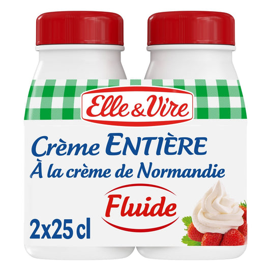 Crème UHT Fluide Entière Elle & VIRE les 2 bouteilles de 25cL