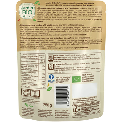 Organic Goat Cheese and Chive Ravioli Dish JARDIN BIO ETIC