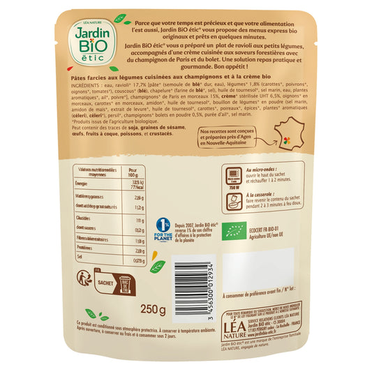 Ready Meal: Organic Creamy Mushroom Ravioli JARDIN BIO ETIC