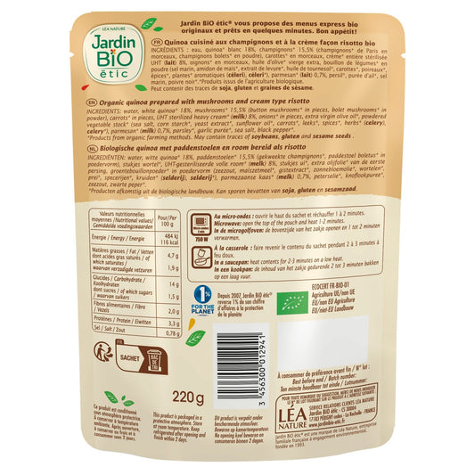 Ready Meal Quinoa Mushrooms Parmesan Quinotto Organic JARDIN BIO ETIC