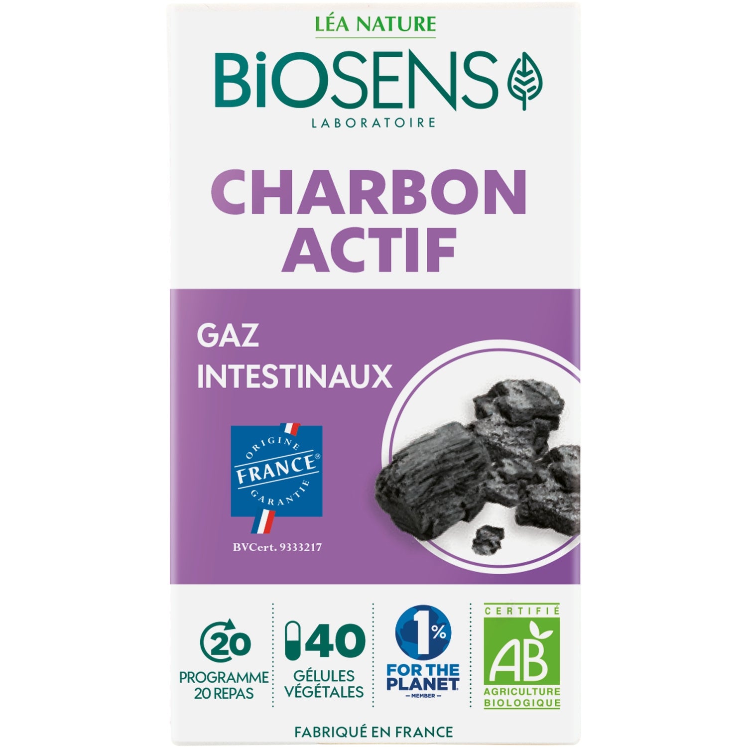 Complément alimentaire Charbon actif Bio pour gaz intestinaux Léa Nature BIOSENS 