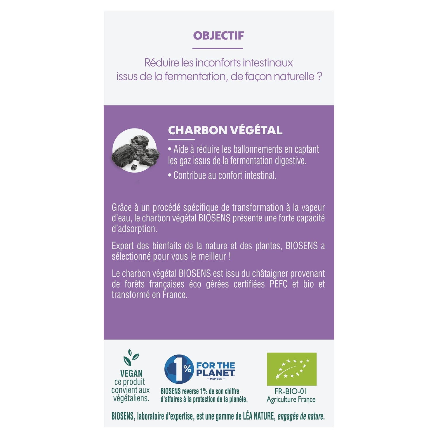Complément alimentaire Charbon actif Bio pour gaz intestinaux Léa Nature BIOSENS 