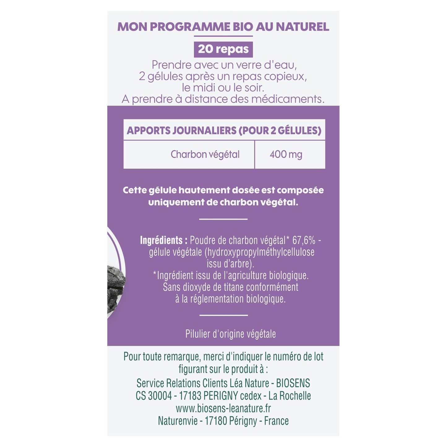 Complément alimentaire Charbon actif Bio pour gaz intestinaux Léa Nature BIOSENS 