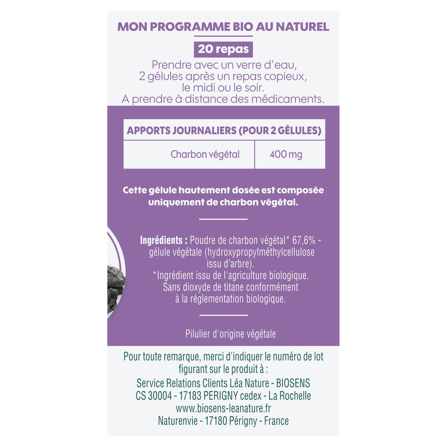 Complément alimentaire Charbon actif Bio pour gaz intestinaux Léa Nature BIOSENS 