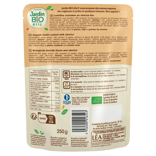 Ready Meal: Lentils Cooked with Organic Chorizo JARDIN BIO ETIC