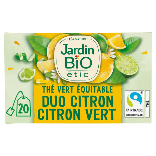 Thé Vert Équitable Duo Citron Jaune et Citron Vert Bio JARDIN BIOLOGIQUE la boite de 20 sachets