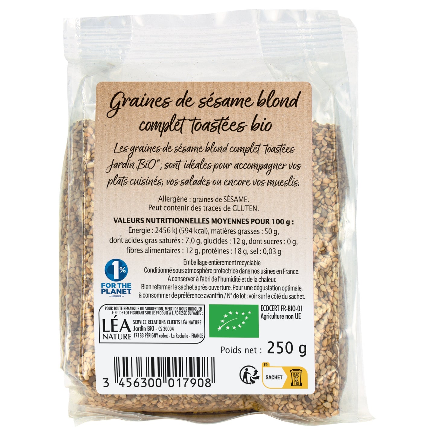 Graines de sésames complet toastées bio JARDIN BIO 