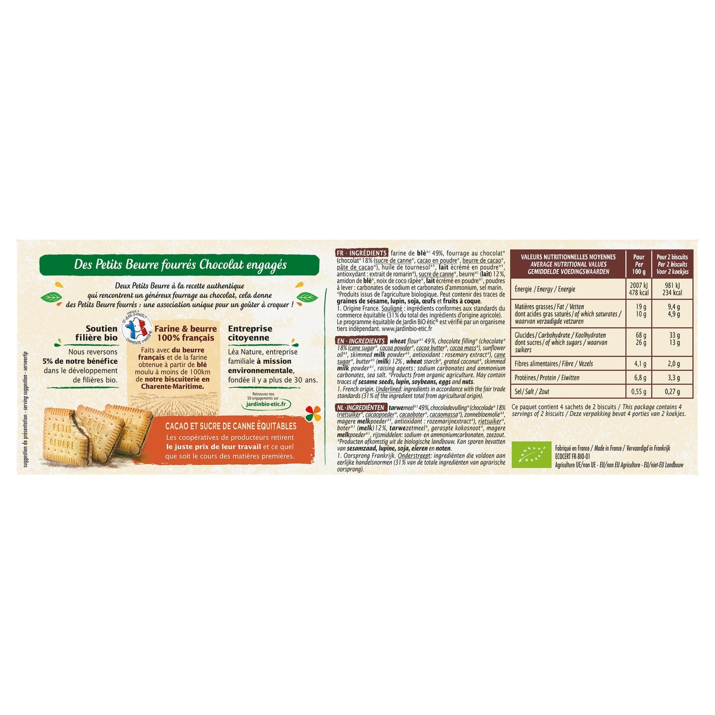 Biscuit petit beurre fourrés chocolat Bio JARDIN BIO 
