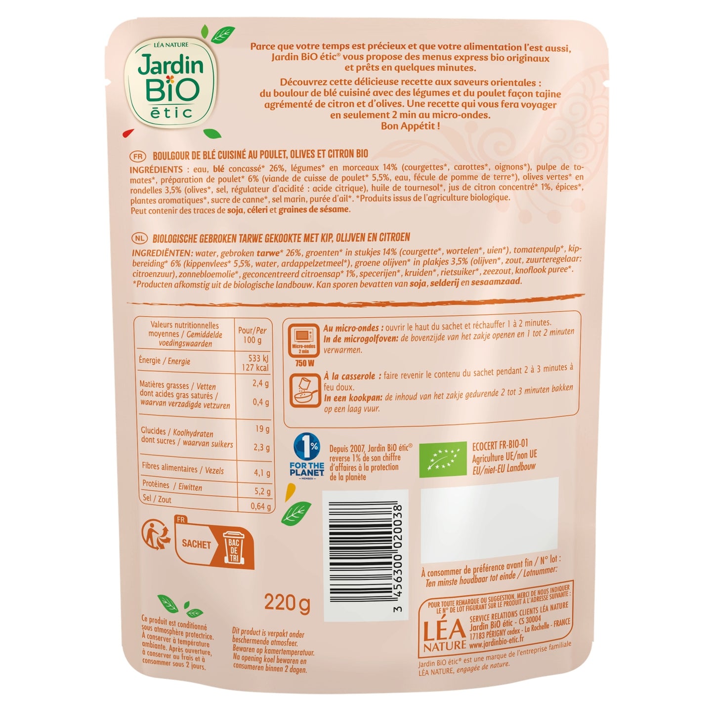 Tajine Boulgour Poulet Olive et Citron Bio JARDIN BIO