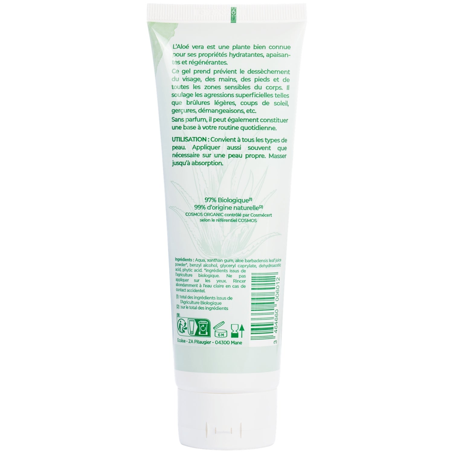 Gel Visage Mains et Pieds Tous Types de Peaux Hydratant et Tenseur Aloé Vera Bio ECOLOE 