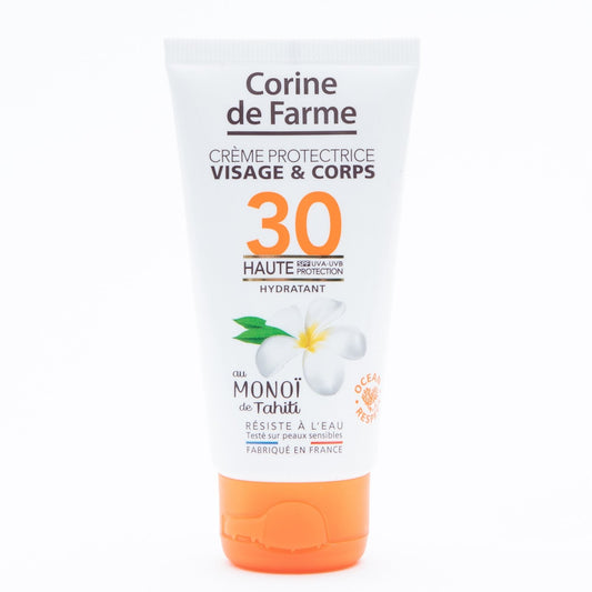 Crème Solaire Crème Corps Visage Spf 30 Hydratant et Satiné Monoi de Tahiti CORINE DE FARME le flacon de 50mL