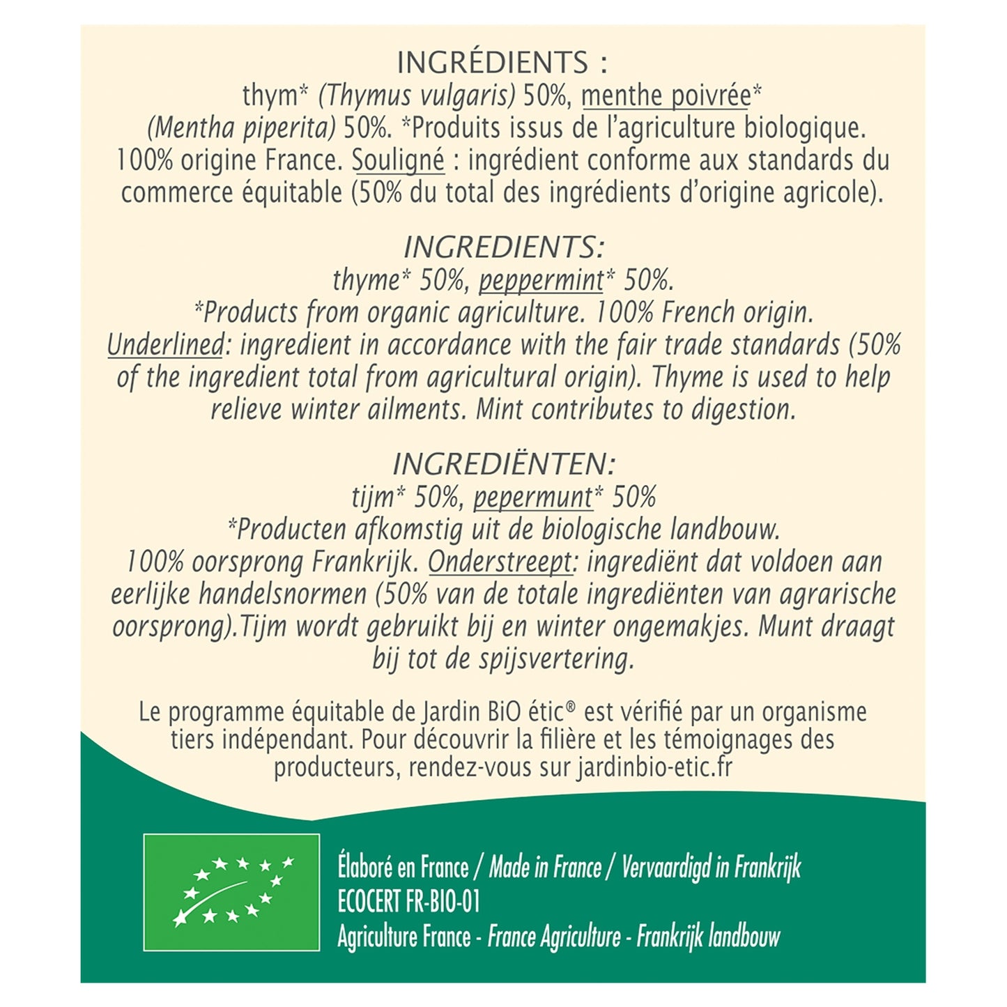Infusion Thym Menthe Bio JARDIN BIO ETIC
