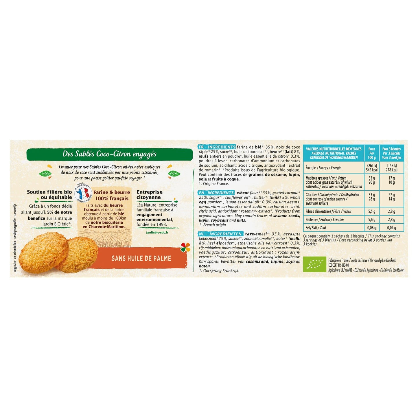 Biscuits Sablés Noix de Coco Citron Bio JARDIN BIO ETIC