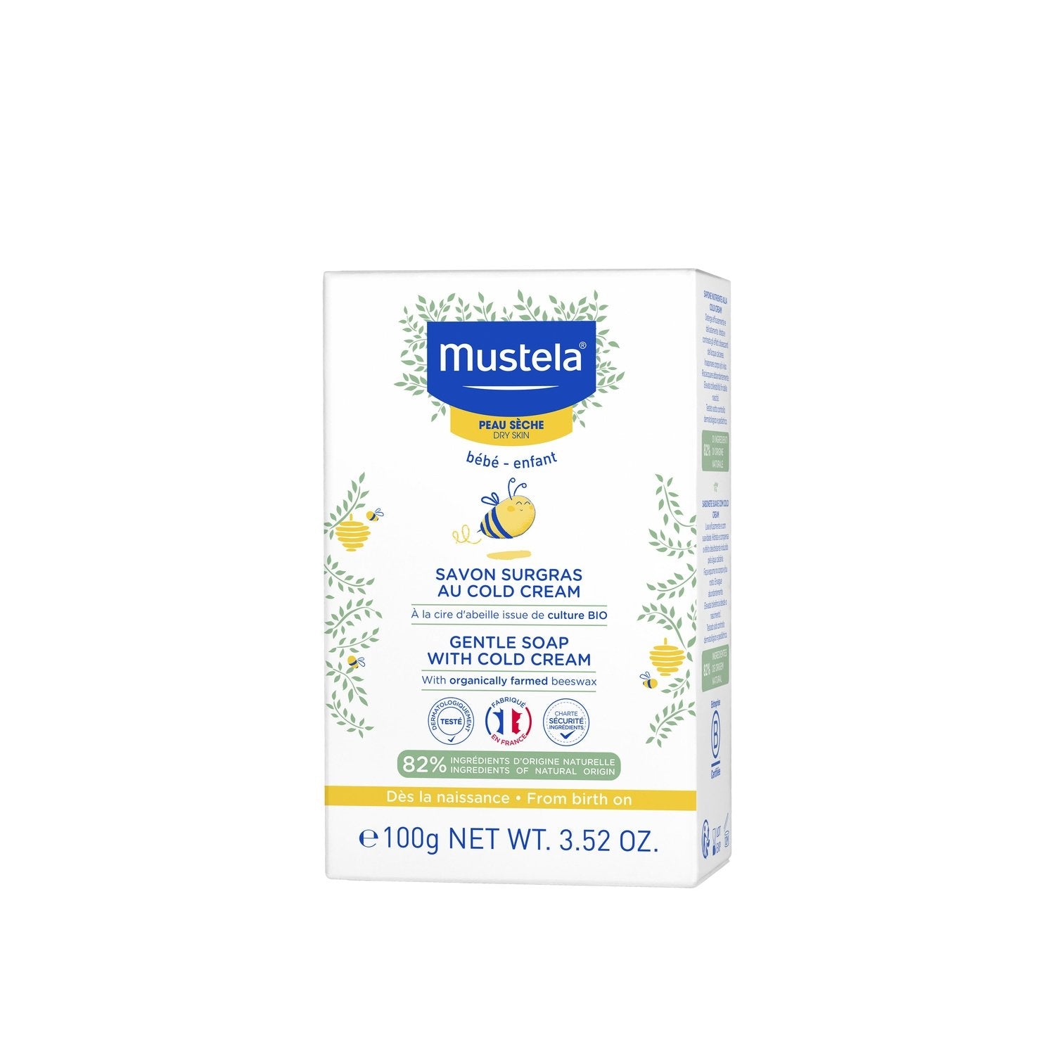 Savon Bébé Surgras Cold-Cream Cire d'Abeille Bio MUSTELA le savon de 100g
