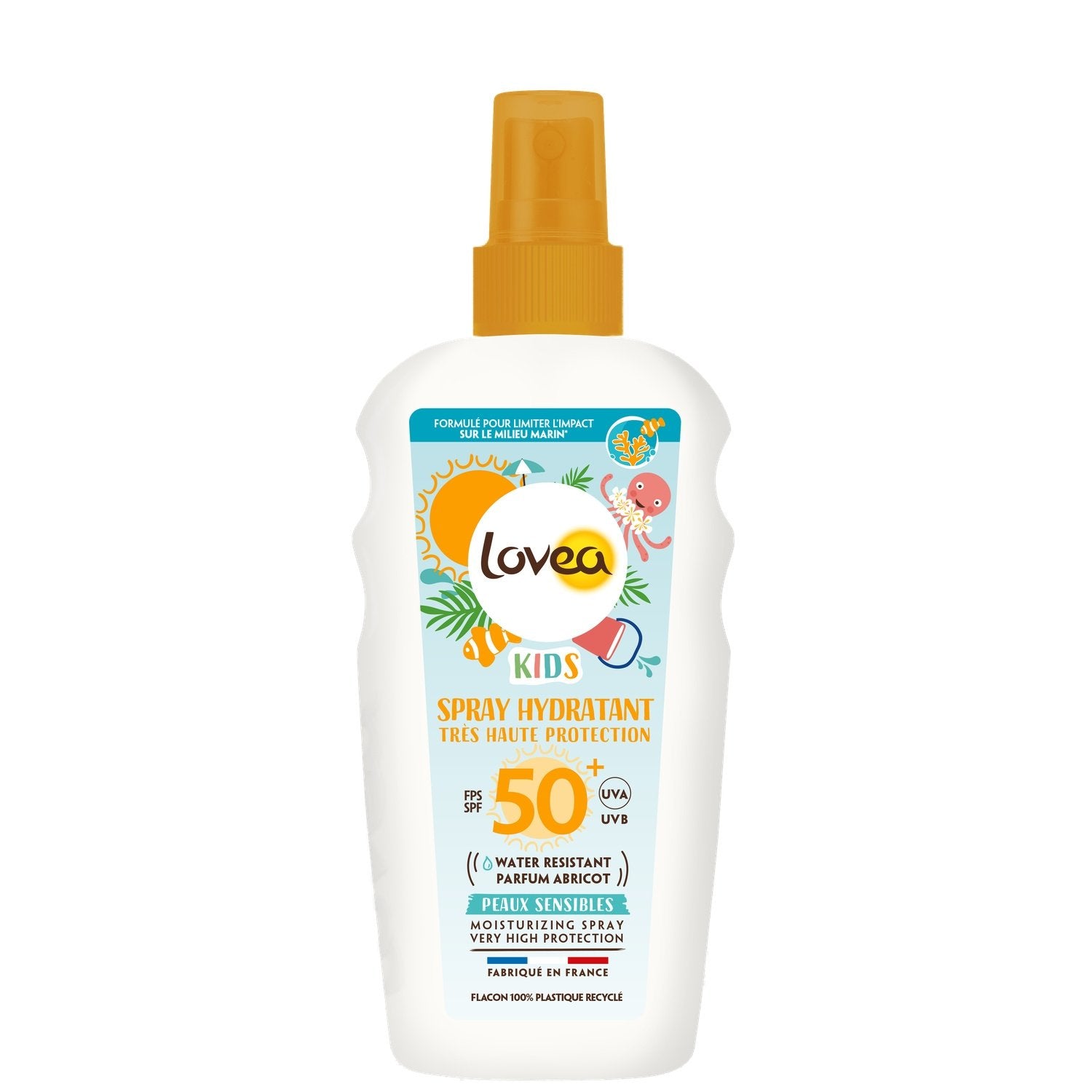 Crème Solaire Lait Enfant Spf 50+ Très Haute Protection Résistant A l'Eau Parfum Abricot LOVEA le spray de 150mL