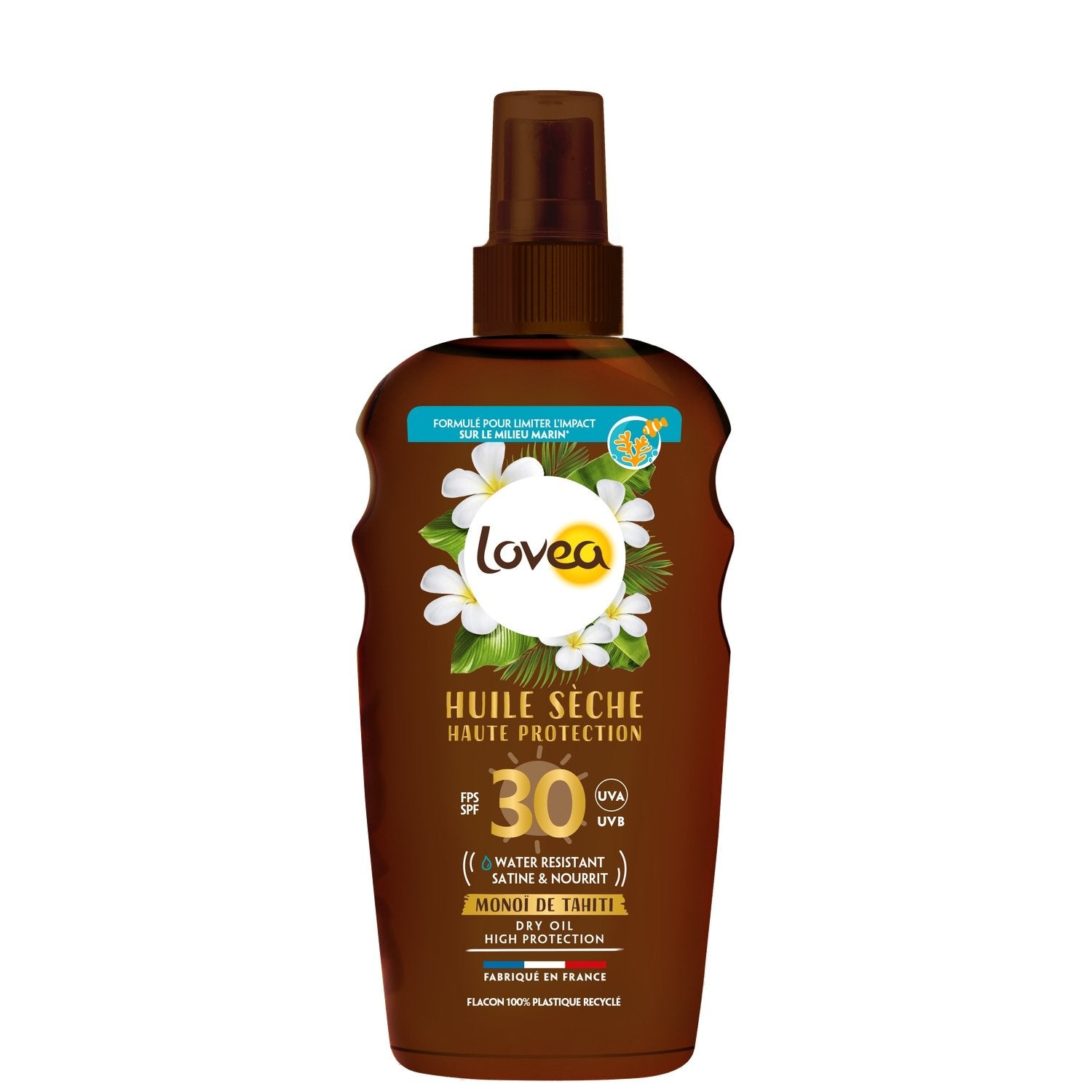 Huile Solaire Corps Spf 30 Haute Protection Satine Nourrit Résistant A l'Eau Monoi de Tahiti LOVEA le spray de 150mL